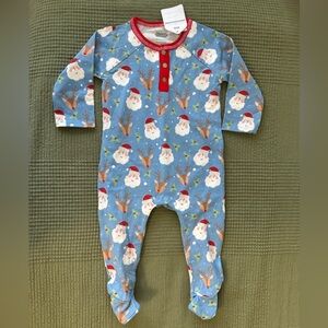 New with Tags Mud Pie Blue Santa & Reindeer Footed One-Piece 6-9 Months